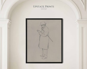 Estudio de retrato vintage / Hombre de pie con bastón / Dibujo de línea neutra / Historia del arte / Descarga de arte IMPRIMIBLE / #30