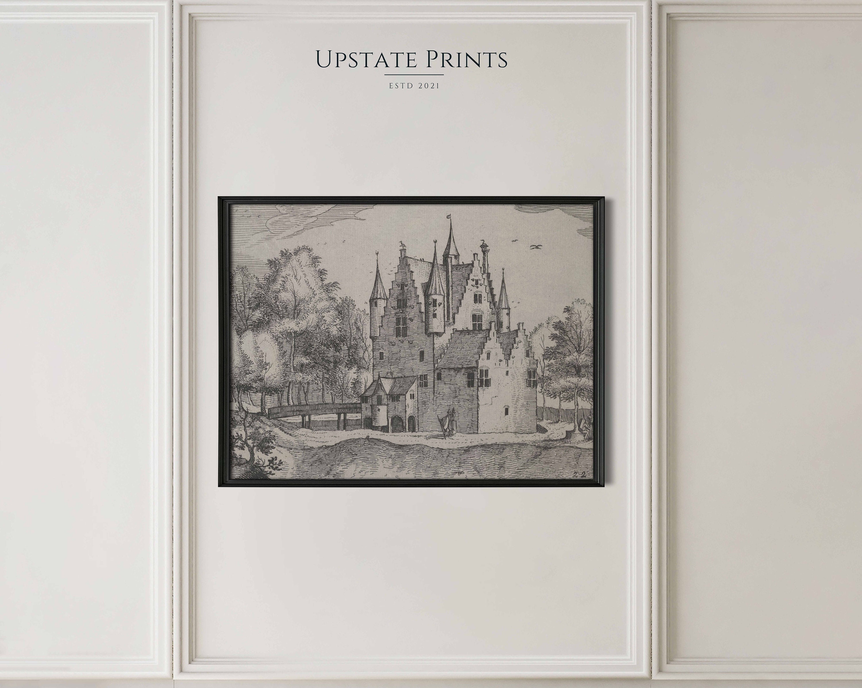 Vintage Fairytale Castle Drawing Light Academia Decor Black and White ...