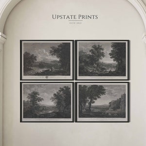 Conjunto de 4 impresiones / Paisaje en blanco y negro / Decoración de la Academia / Conjunto de pared de la galería / Historia del arte / Descarga de arte de pared IMPRIMIBLE / #GS52