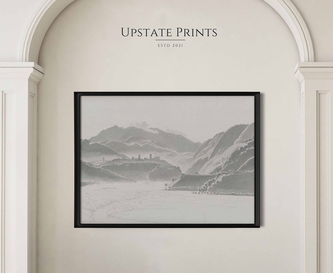 Mountain City Landscape Print | Black and White Watercolor Painting ...