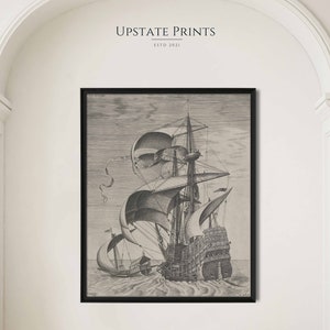 Vintage Warship Drawing | Black And White Art Prints | Beach Lake House Wall Decor | PRINTABLE Art Download | #94