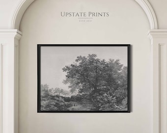 Dessin de paysage de ruisseau antique | Impression noir et blanc | croquis d'arbre vintage | Histoire de l'art Beaux-Arts | Téléchargement IMPRIMABLE | #9