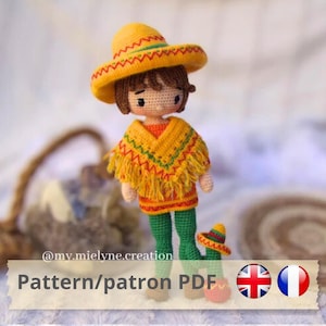 Pattern Tutorial PDF in French/English to download, crochet doll, amigurumi, plush, Hola Muchacho Mexico