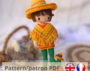 Handleiding voor een haakpatroon in het Frans/Engels (PDF) om te downloaden: gehaakte pop, amigurumi, knuffel, Hola Muchacho Mexico