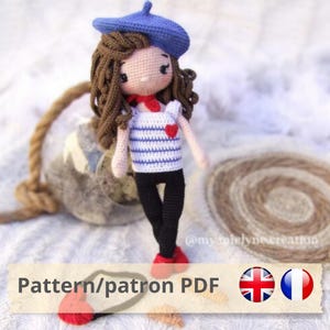 Pattern Tutorial PDF in French/English to download, crochet doll, amigurumi, plush, Paris, I love you