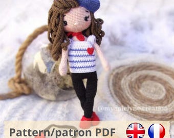 Handleiding voor een haakpatroon (PDF in het Frans/Engels) om te downloaden: gehaakte pop, amigurumi, knuffel, Parijs, Ik hou van jou