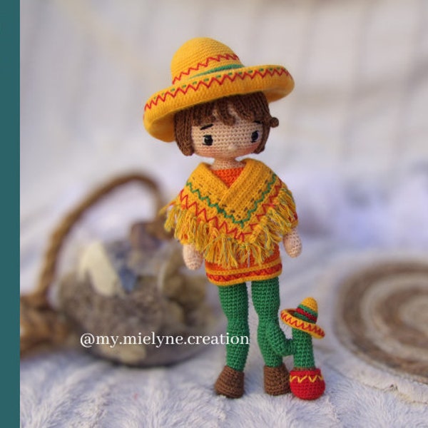 Patron Pattern Tutorial PDF in French/English to download, crochet doll, amigurumi, plush, Hola Muchacho Mexico