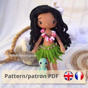 Pattern Tutorial PDF in French/English to download, crochet doll, amigurumi, plush, Aloha Hawaii