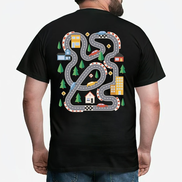 Jouer à la course de voitures sur le dos de papa, T-shirt de piste de course de voiture de route de tapis, cadeau de famille de fête des pères de papa maman, T-shirt de tapis de jeu, cadeau d'anniversaire de papa