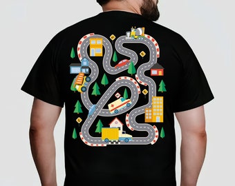 Play Car Race On Dad's T-shirt, Mat Road Car Race Track T-Shirt, Dad Mom Father's Day Family Gift, Playmat TShirt, Daddy's Birthday Present