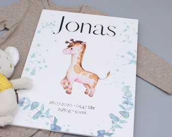 Birth plate personalized, animal motif, nursery, decoration, dates of birth, giraffe