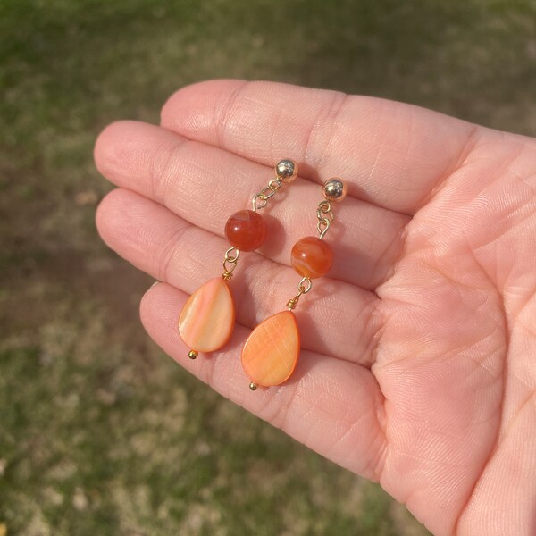 Carnelian Agate Tear Drop Shell Earrings 18K Gold Studs - Mother’s Day Graduation Gift for Her Hippie Summer Spring Handmade Jewelry