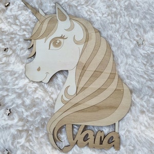 Unicorn door plaque with customizable wooden first name - Children&#39;s room - Unicorn decoration - baptism and birth gift -