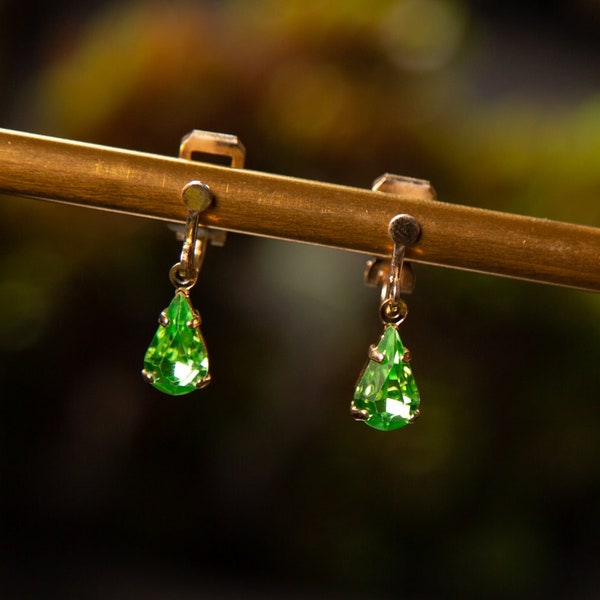 Clip On Peridot Swarovski Crystal teardrop clip on earrings - Gift for her - non pierced earrings - drop earrings -