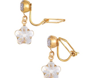Clip On White Swarovski Crystal Flower Shaped Drop Clip on Earrings - Jewellery - Gift Idea - Flower - Birthstone - Silver - Gold