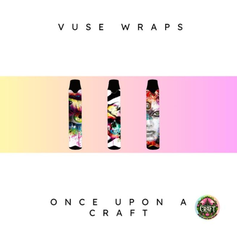 Puede incluir: Tres wraps Vuse con dise&ntilde;os &uacute;nicos. Uno presenta un dise&ntilde;o de ojo colorido, otro una calavera y el tercero una cara. Se muestran los textos "VUSE WRAPS" y "ONCE UPON A CRAFT".