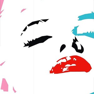 May include: Pop art style portrait of a face with closed eyes and red lips. The image uses a limited color palette of white, black, pink, and blue. The face is stylized with bold lines and shapes, creating a graphic effect.