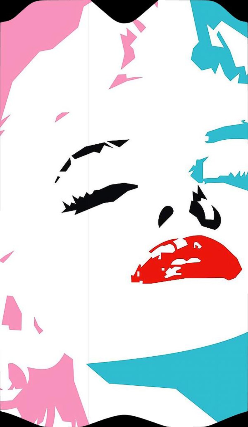 May include: Pop art style portrait of a face with closed eyes and red lips. The image uses a limited color palette of white, black, pink, and blue. The face is stylized with bold lines and shapes, creating a graphic effect.