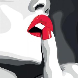 May include: Black and white illustration of a face with bright red lips and a finger pressed against them. The fingernail is also painted red. The image is a close-up, focusing on the lips and the gesture.