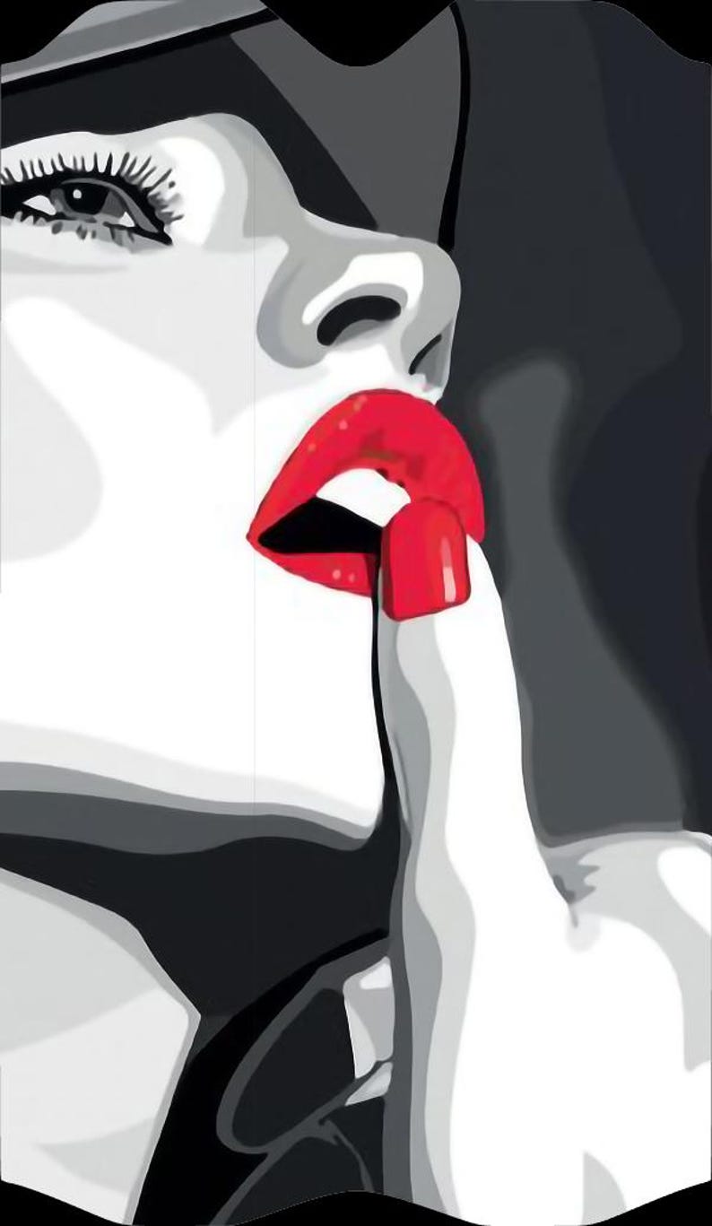 May include: Black and white illustration of a face with bright red lips and a finger pressed against them. The fingernail is also painted red. The image is a close-up, focusing on the lips and the gesture.