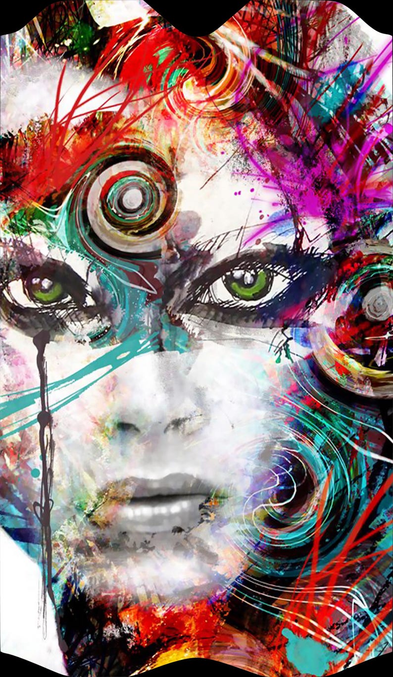 Puede incluir: Impresi&oacute;n art&iacute;stica abstracta que presenta un rostro estilizado con ojos verdes y una expresi&oacute;n neutra. La obra de arte utiliza una paleta vibrante de rojo, azul, morado y blanco, con patrones arremolinados y pinceladas. El tema general es art&iacute;stico y expresivo.