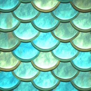 May include: Digital illustration of overlapping, semi-circular scales in shades of blue and green, resembling mermaid scales. The scales have a textured, iridescent appearance with gold-coloured outlines, creating a shimmering effect.
