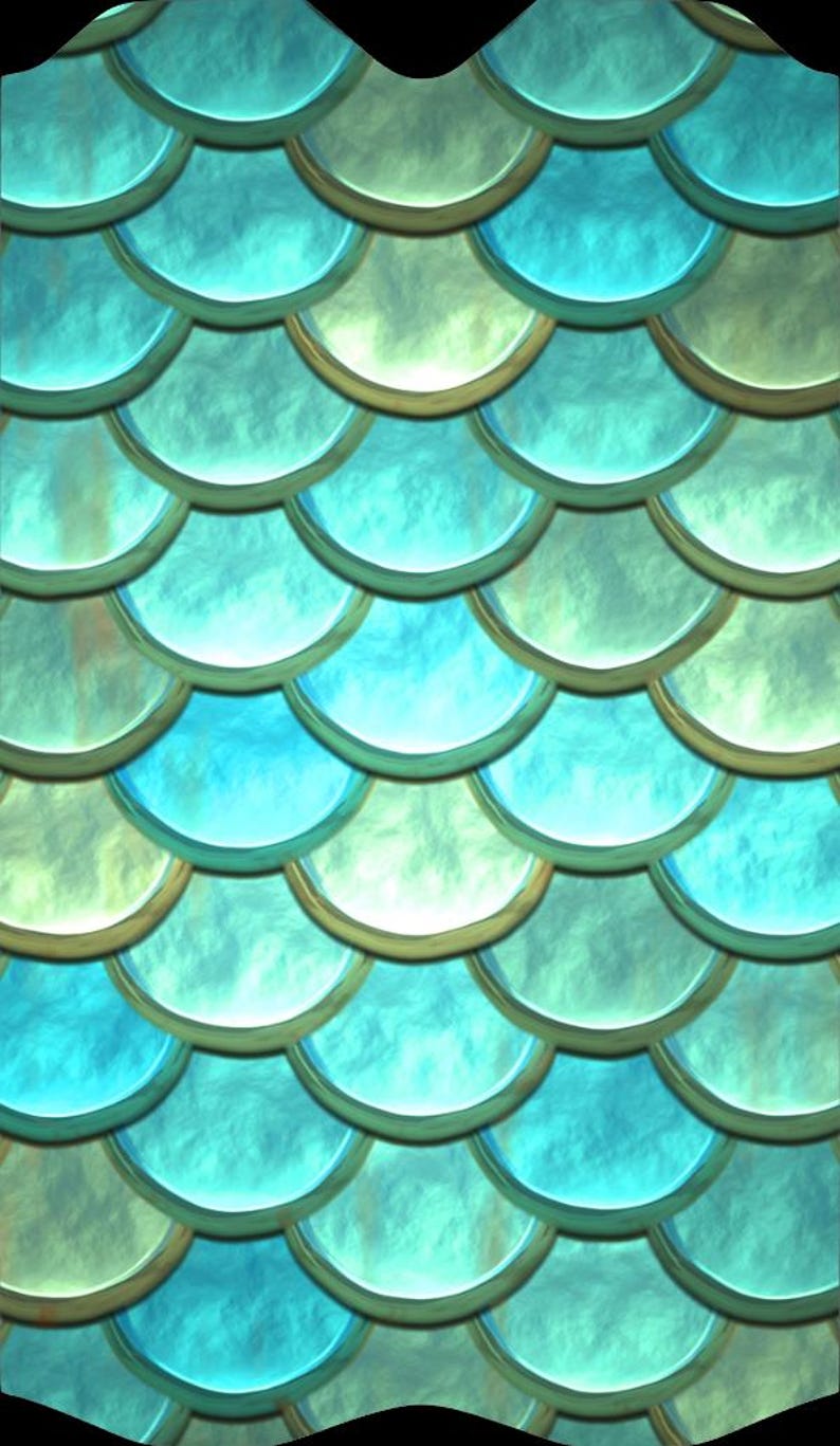 May include: Digital illustration of overlapping, semi-circular scales in shades of blue and green, resembling mermaid scales. The scales have a textured, iridescent appearance with gold-coloured outlines, creating a shimmering effect.