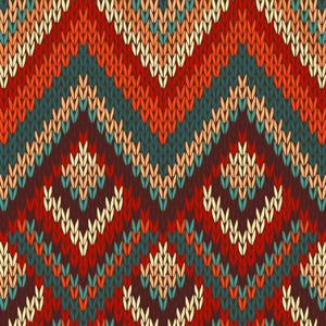 May include: A close-up of a knitted pattern with a repeating chevron design. The pattern features a mix of colours, including red, orange, teal, cream, and brown, creating a textured and visually appealing textile.