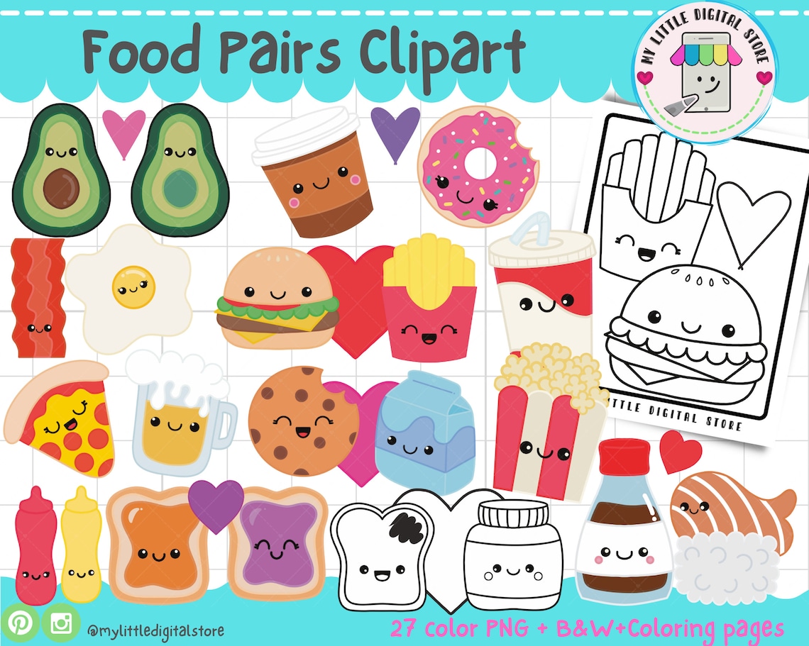 Perfect Match Kawaii Valentines Day Clipart Love Food Pairs - Etsy