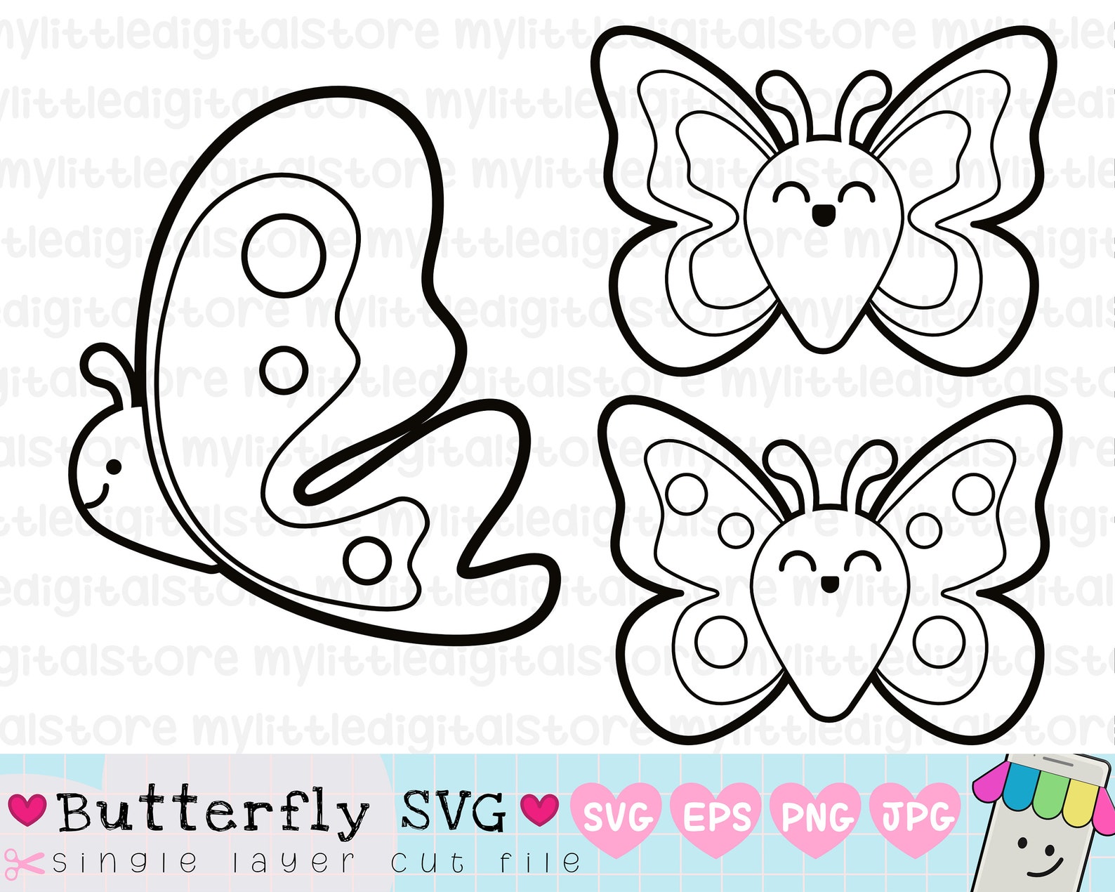 Cute butterfly svg kawaii cartoon butterfly line art stencil Etsy