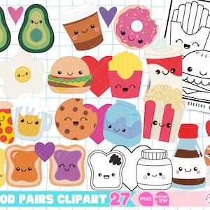 Clipart Kawaii parfait pour la Saint-Valentin | Amour, mets et restauration rapide Tampons numériques et pages à colorier | Amitié Meilleurs amis