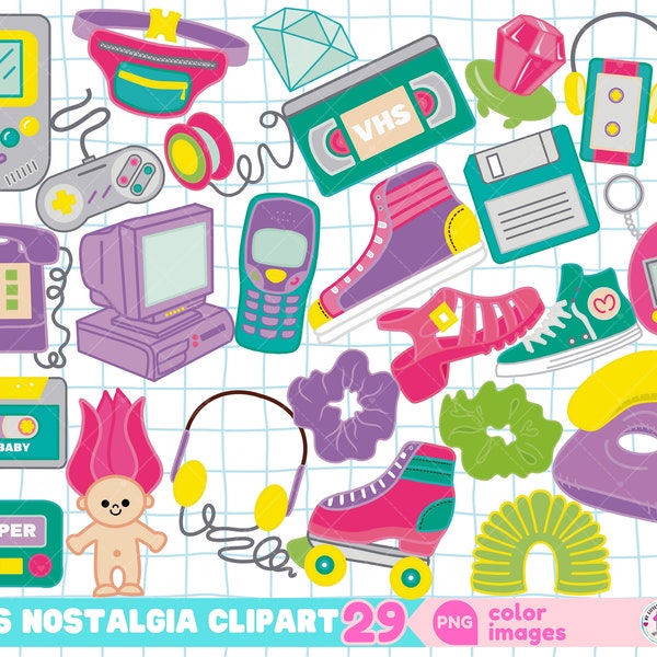 90s Nostalgia Clipart, Vintage 90s design, Retro 90s sublimation design, Cassette tape, scrunchie, Troll, VHS, Free commercial license