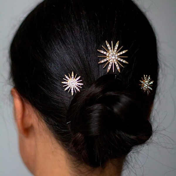 Set of 3 Rhinestone Star Hairpins - Celestial Hair Accessory - Bridal Hair Pins - Wedding Hairpiece - Gold Rhinestone Hair Clips