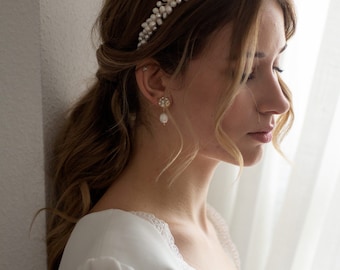 Diadema de perlas nupciales, tiara de boda de perlas, tocado de novia, accesorios para el cabello de novia, diadema de tiara de banda de pelo nupcial adornada con perlas