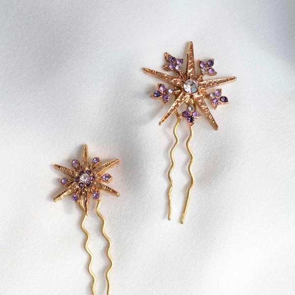 golden star with crystals hair pin set for brides, bridesmaid star hair pin set, celestial wedding hair clip set, gold star hairpin combo