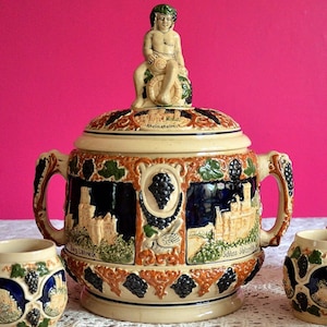 Juego de ponche de vino antiguo, olla de cerámica de 5L con 6 jarras