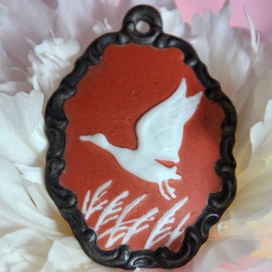 Antique porcelain pendant, Art Nouveau for necklace, Rosenthal, lucky symbol, crane, bird, 20s, red, rare, gift idea, present,