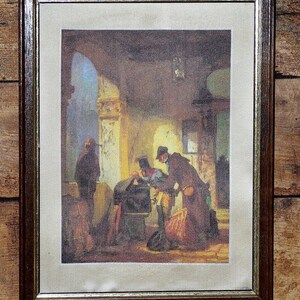 Vintage old satin picture, wooden frame, 60s home decor, south, traveler, inspection, Napoleon, soldier, gift, mural, rare