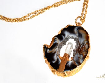 Necklace 24 K gold plated with large Druze agate disc with rock crystal, gold-plated, gemstone, spirituality, gift, Christmas,