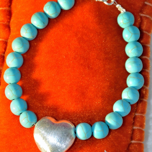 Turquoise Stone Bracelet Silver Heart, Natural Gemstones, Bridal Jewelry, Birth, Gift, Gift Idea Woman, Mother's Day, Heart Bracelet