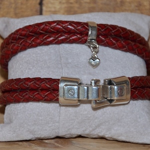 Leather bracelet, men&#39;s, women&#39;s, hand-woven, partner bracelet, gift, wine-red leather, stainless steel clasp silver, individual, handmade