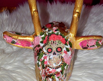 Deer Head, Antlers, BOHO, Art, Shabby Chic, Wall Decoration, Skull, Snake, Pink, Golden, Gift, Gift Idea, Mexico, Frida Kahlo, Mega