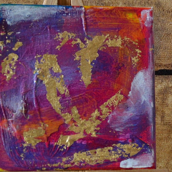 Small square canvas, heart, acrylic, gouache, gold leaf, gift for you, art, art, colorful, expressionist, wall décor, love