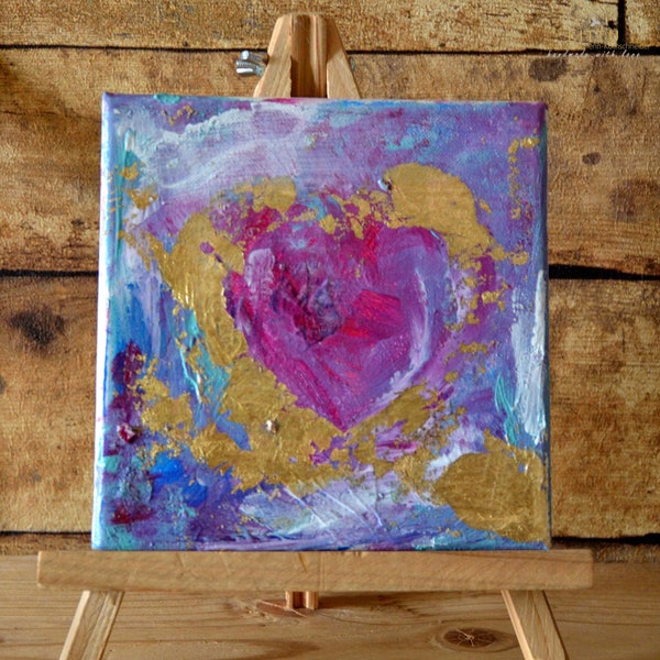 Small square canvas, heart, acrylic, gouache, gold leaf, gift for you, art, art, colorful, expressionist, wall décor, love