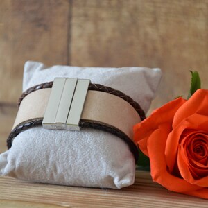 3-strand wide leather bracelet, hand-braided, partner bracelet, brown, beige magnetic clasp silver, stainless steel, wearable on both sides,