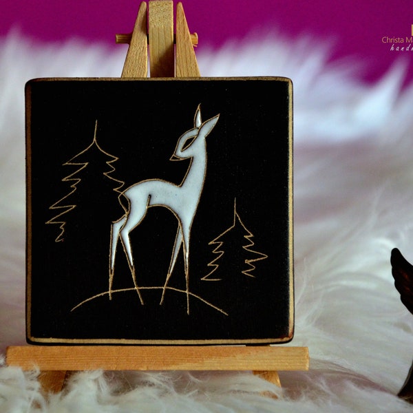 50er Ruscha Wandplatte 734/00 „Rehe“, Design Hanns Welling, Handarbeit, signiert, Geschenk, Weihnachten, Advent, Wanddekoration,