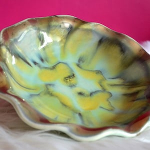 Vintage large ceramic, bowl, Mid Century, flow glaze, gold rim, green, black, yellow 40s/50s, decorative bowl, home decor, gift,