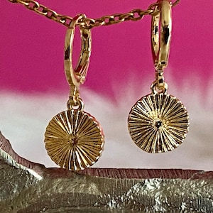 Filigree hoop earrings with mandala attachments, gold-plated stainless steel