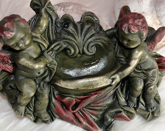 Vintage Paradisiacal holy water kettle with two putti, plaster, green-glazed, rarity, antique, decorative, unique, religious, gift,,