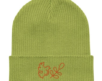 Ribbed organic beanie winter hat with embroidered statement